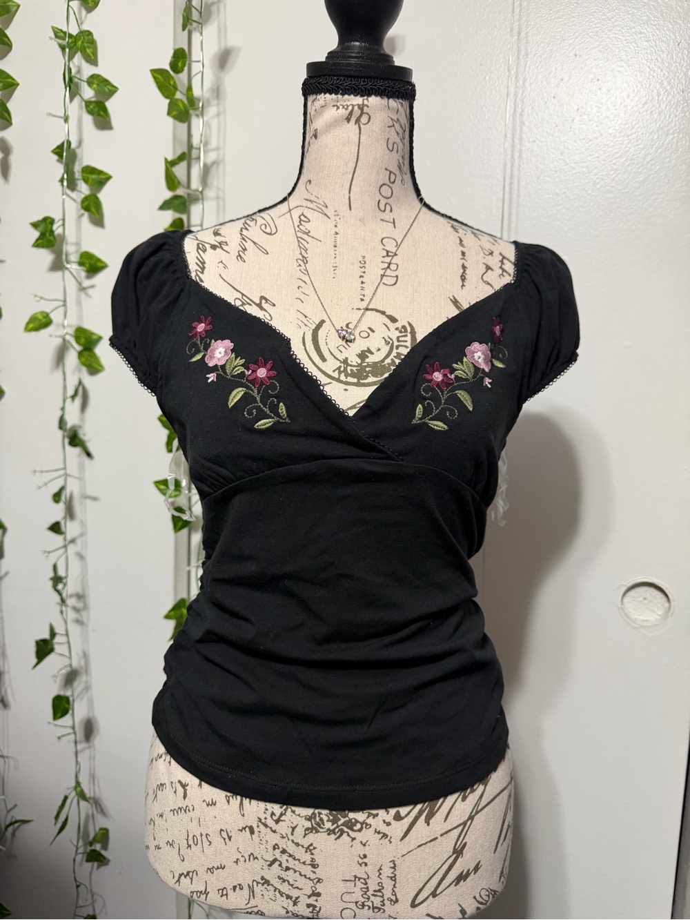 Black V-Neck Floral Embroidered Women's Top